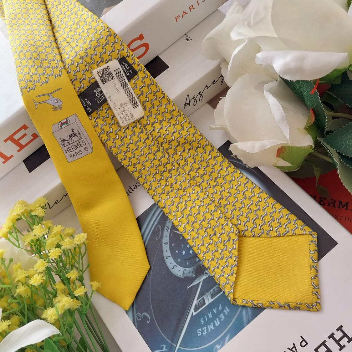 에르메스 실크 옐로 H 헬리패드 패턴 넥타이 7.4cm 새상품 K1372 상품이미지4