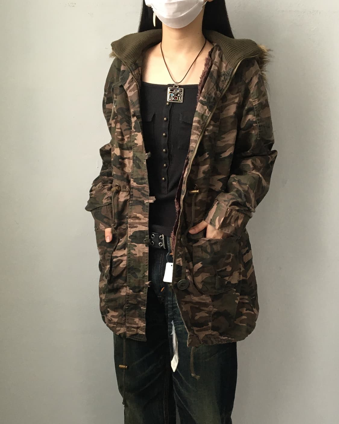 Fake fur hood camo pattern jacket 상품이미지6