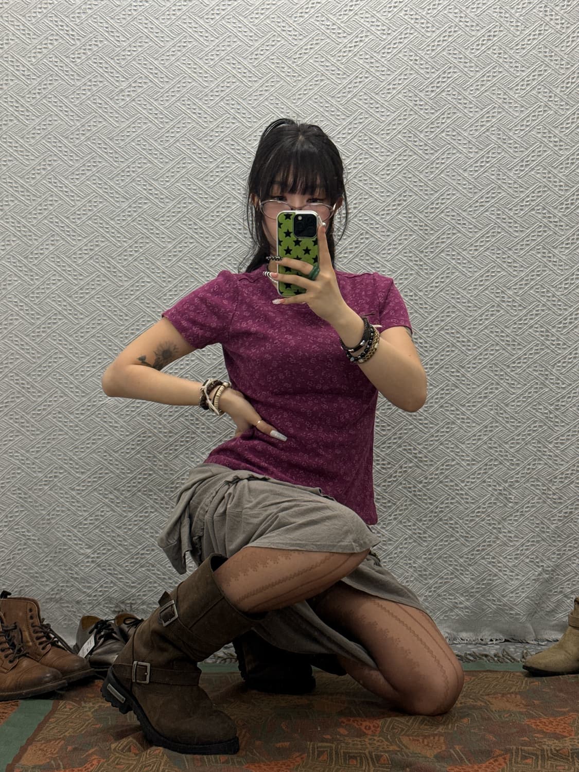 빈티지 레트로 페미닌 잔꽃 딥 퍼플핑크 스프링 스판 반팔티 K0047 상품이미지1