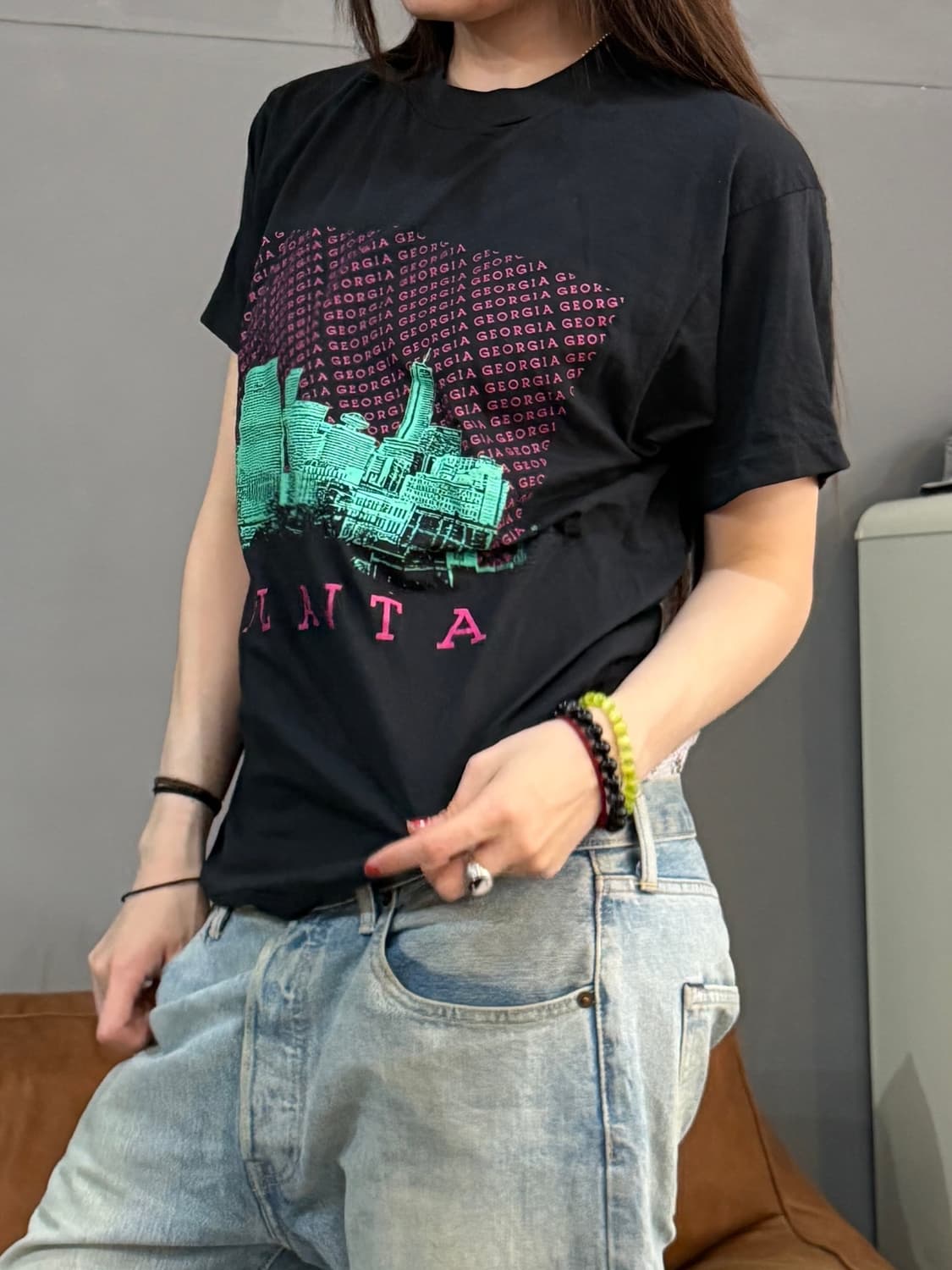 90’s 싱글 스티치 빈티지 블랙 애틀랜타 시티 프린팅 반팔티 상품이미지1