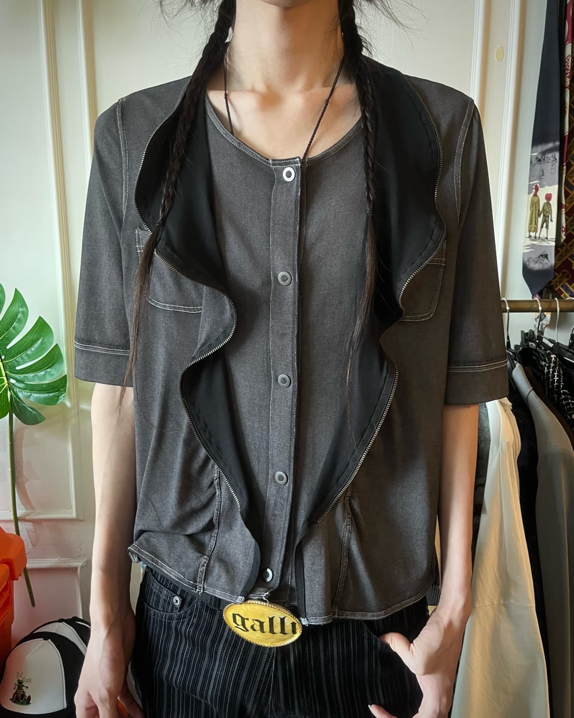 JPN Vintage Fake 3D Zip Layered 1/2 Top 상품이미지2