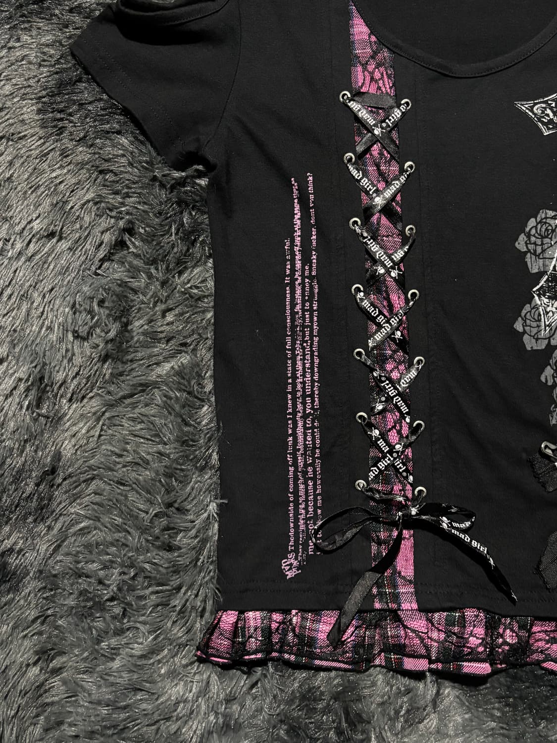 Mad Punks 스컬 그래픽 레이스업 체크 레이어드 탑 상품이미지6