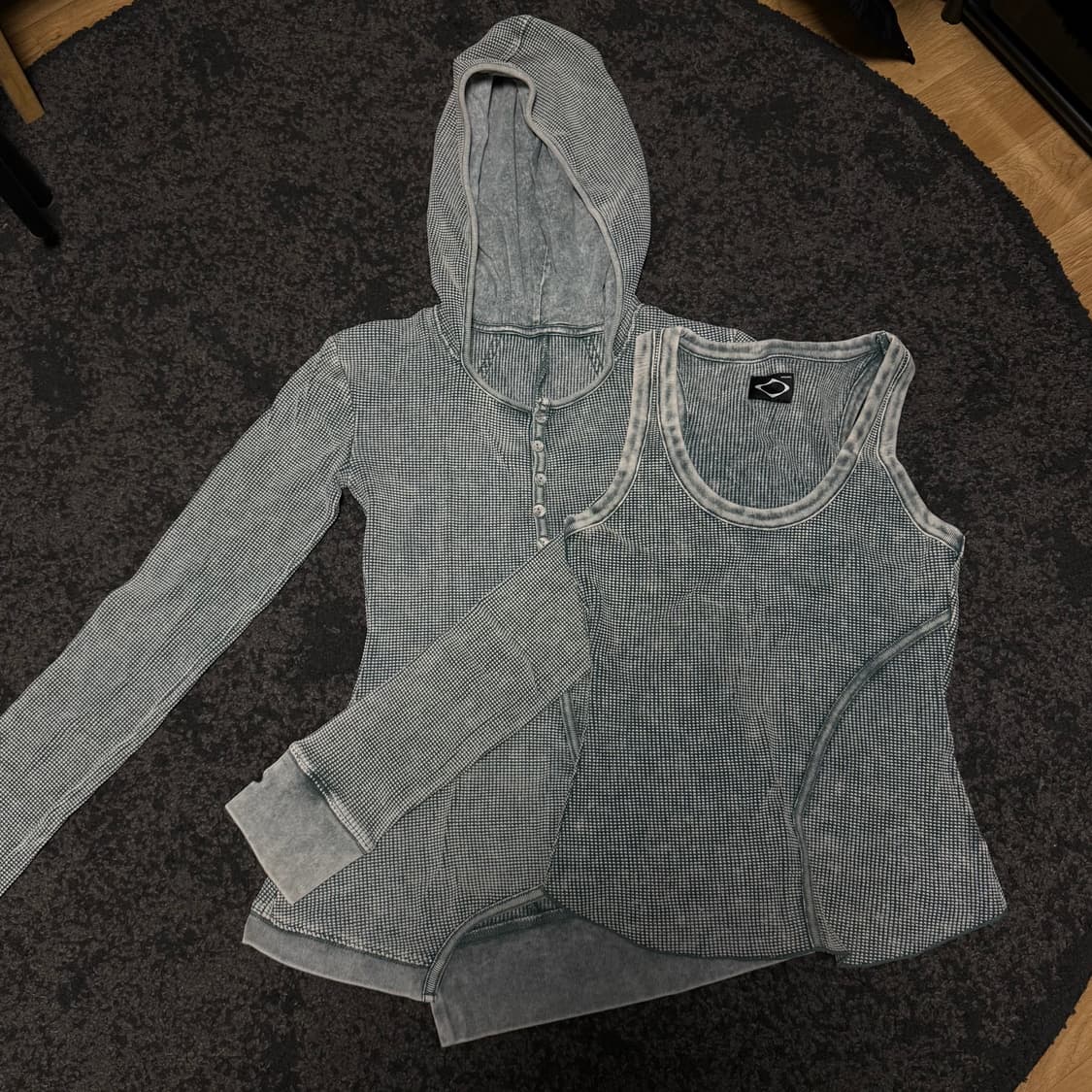 미스치프 레이어드 와플 후드 세트 카키 M 상품이미지2