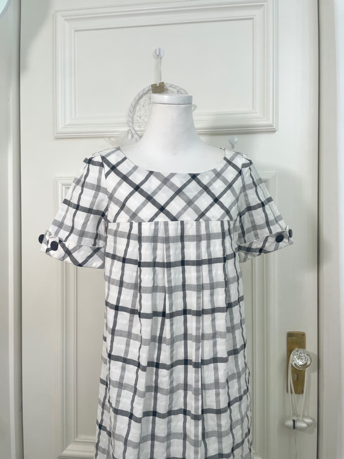 white black check button point summer op 상품이미지5