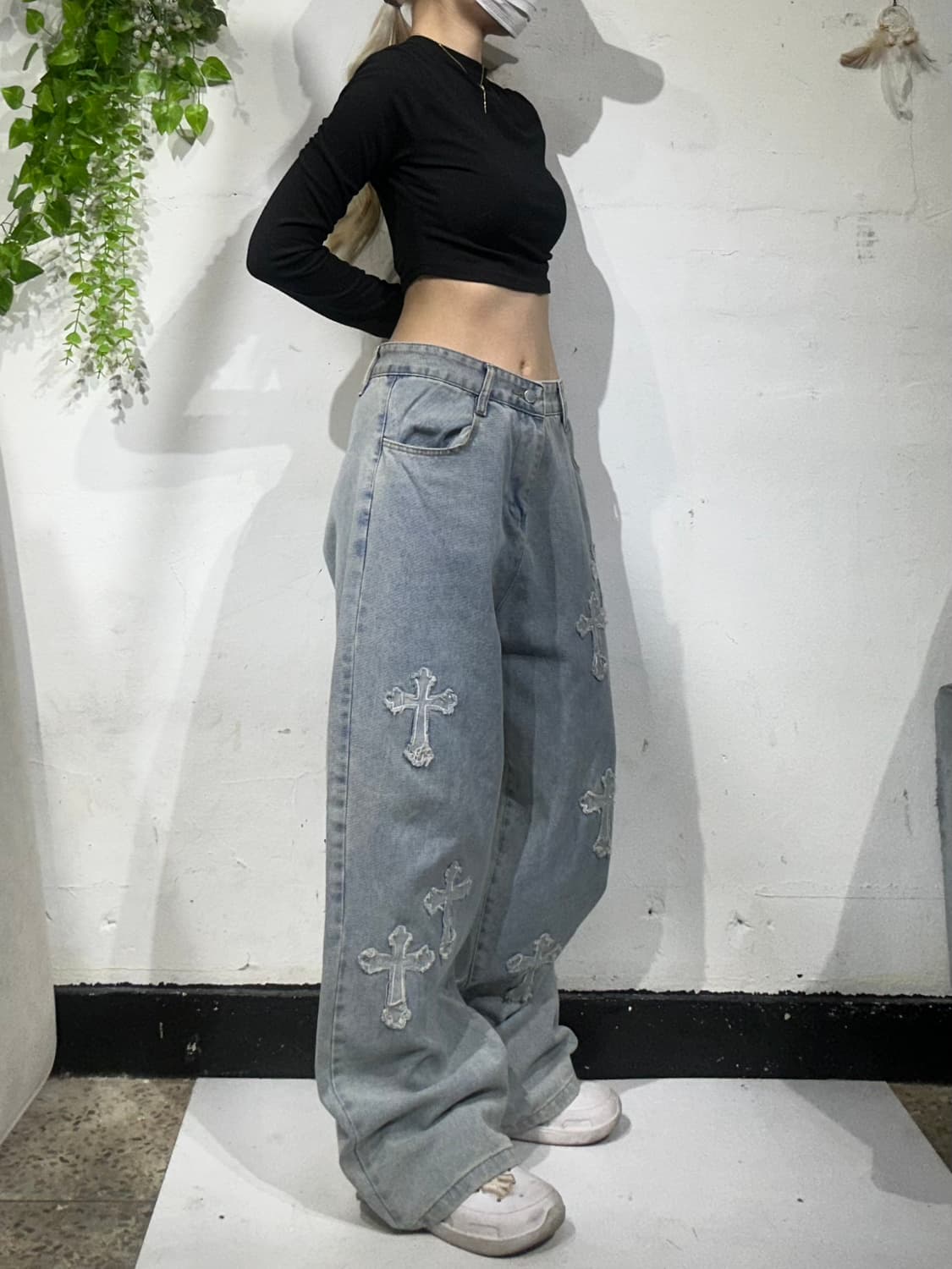 일본 빈티지 연청 십자가 자수 디테일 와이드 데님 팬츠 청바지 XL 상품이미지1