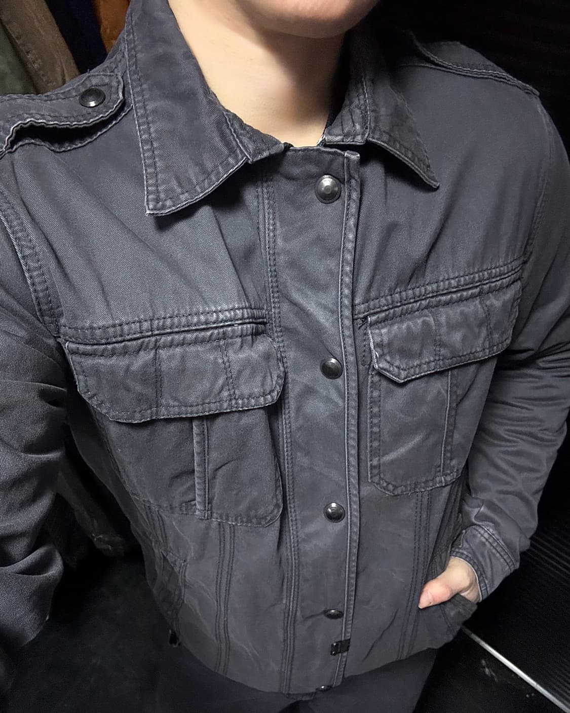 자라 보라색 워시드 워싱 스터드 찡 카라 집업 워크 셔츠 자켓 L 100 상품이미지1