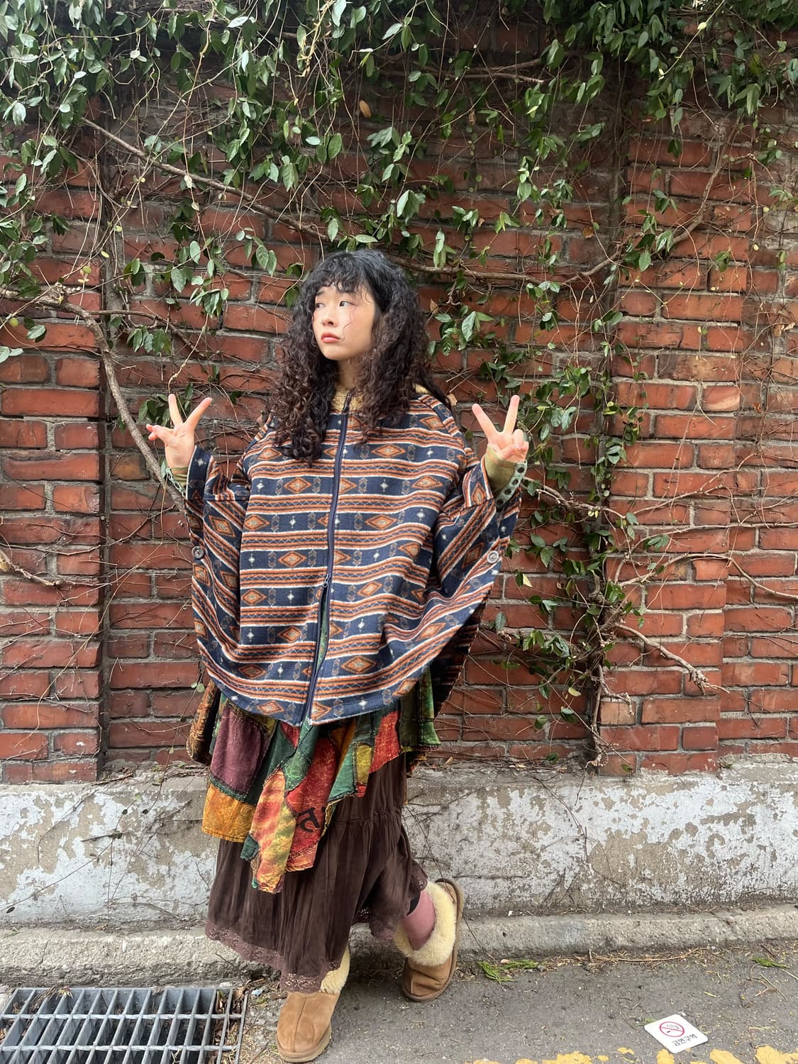 히피 에스닉 패턴 플리스 후드 집업 케이프 상품이미지2