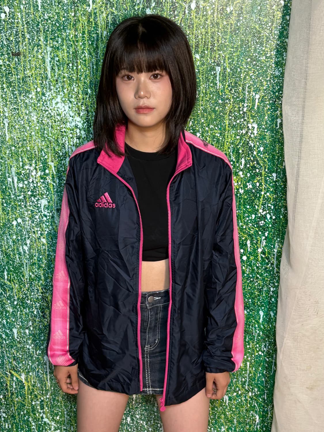 아디다스 빅로고 블랙 핑크 패턴 바람막이 L 상품이미지2