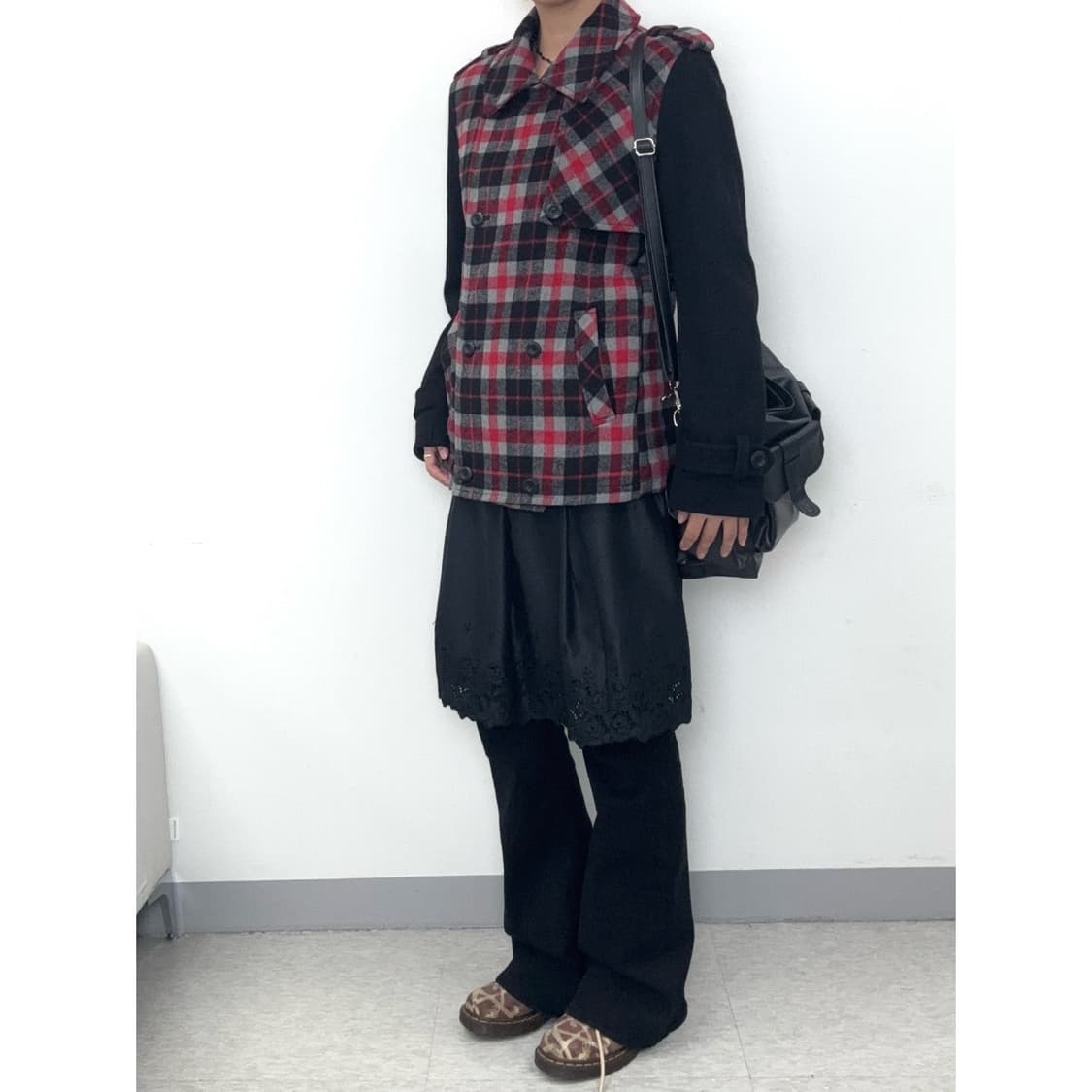 빈티지 레드 체크 하프 코트 상품이미지3