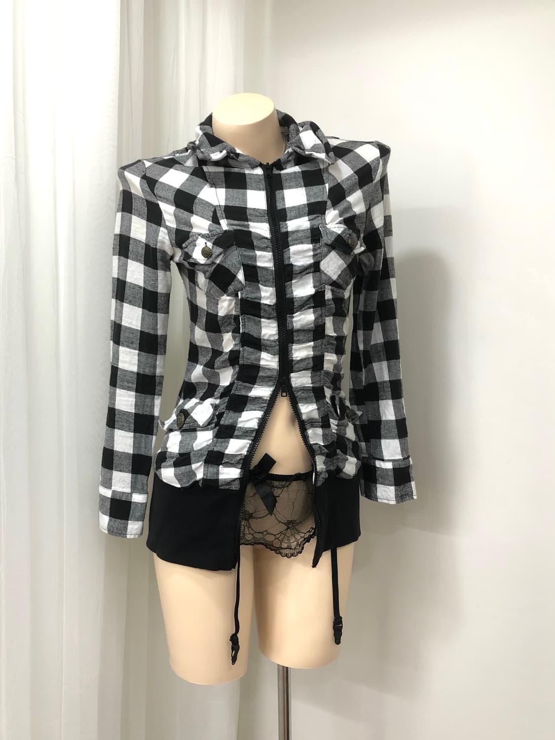 black check front shirring 2way zip up 상품이미지2