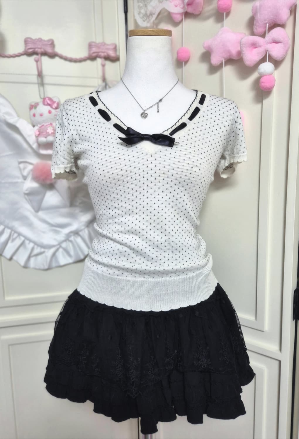 바비 도트 리본 로걀탑 블라우스 히메갸루 공겜여주 상품이미지1