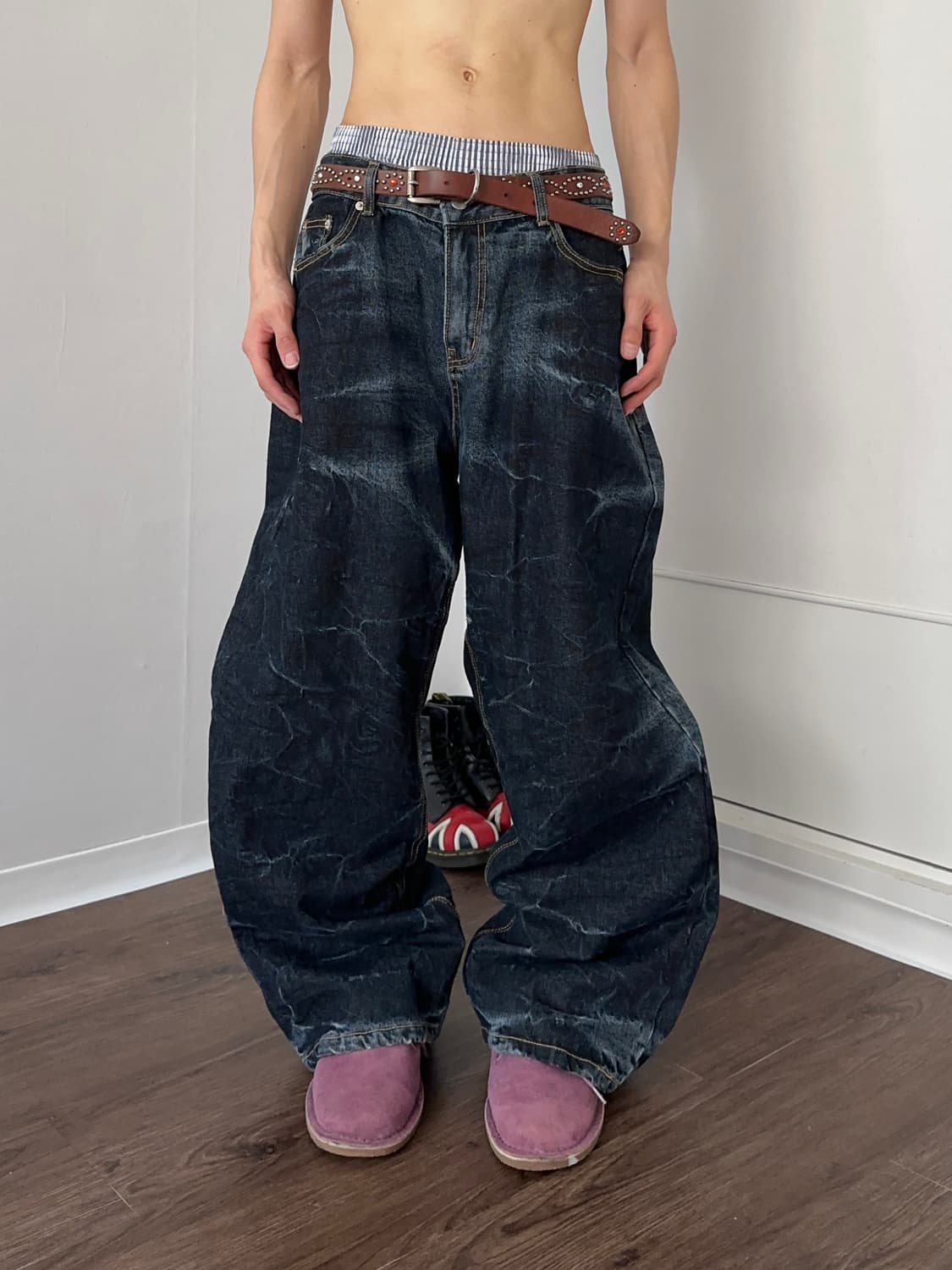 Sample 블리치 워시드 루즈 와이드 진 상품이미지1