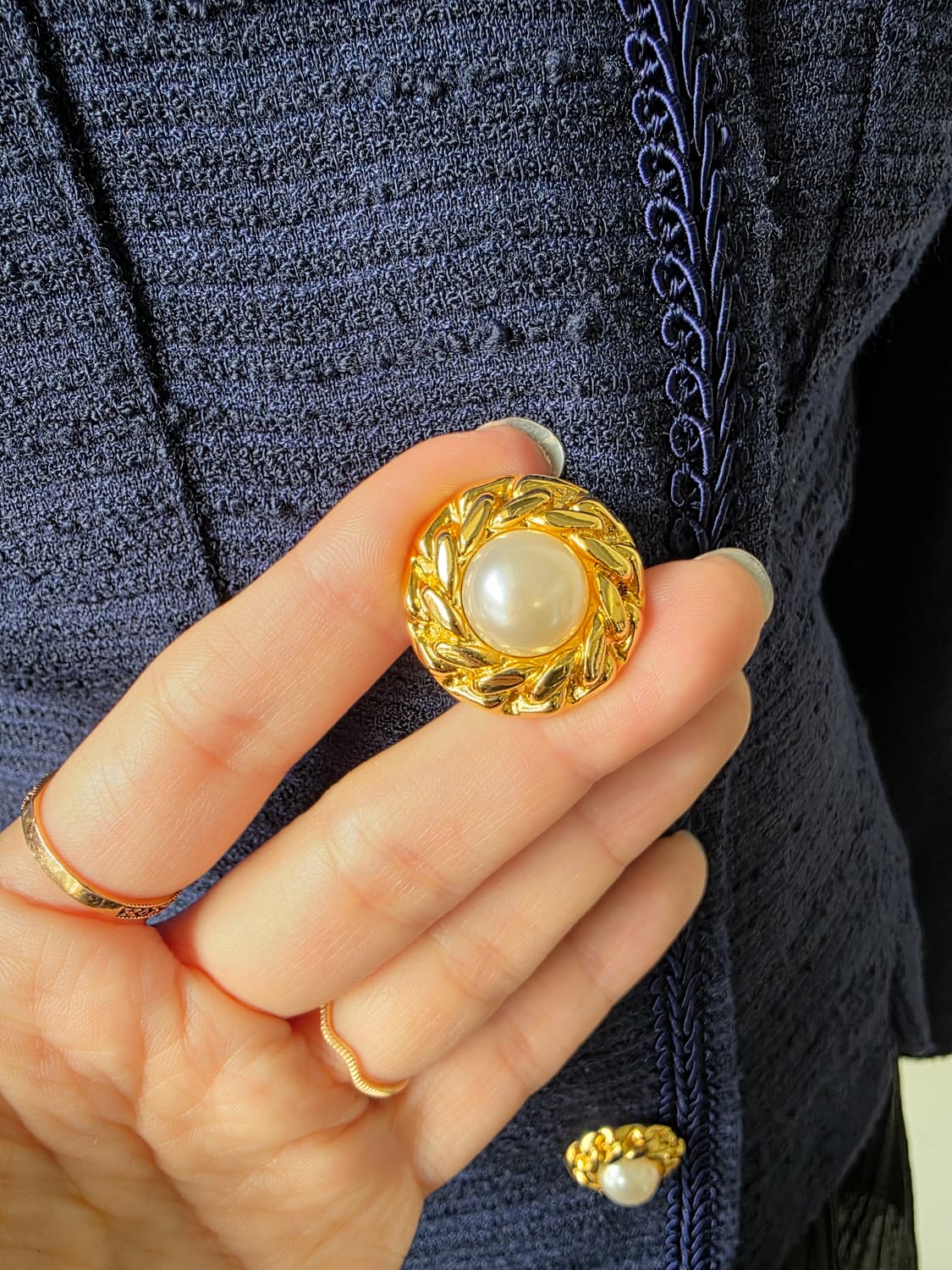 네이비 레이스 테이핑 부클 트위드 원피스 상품이미지5