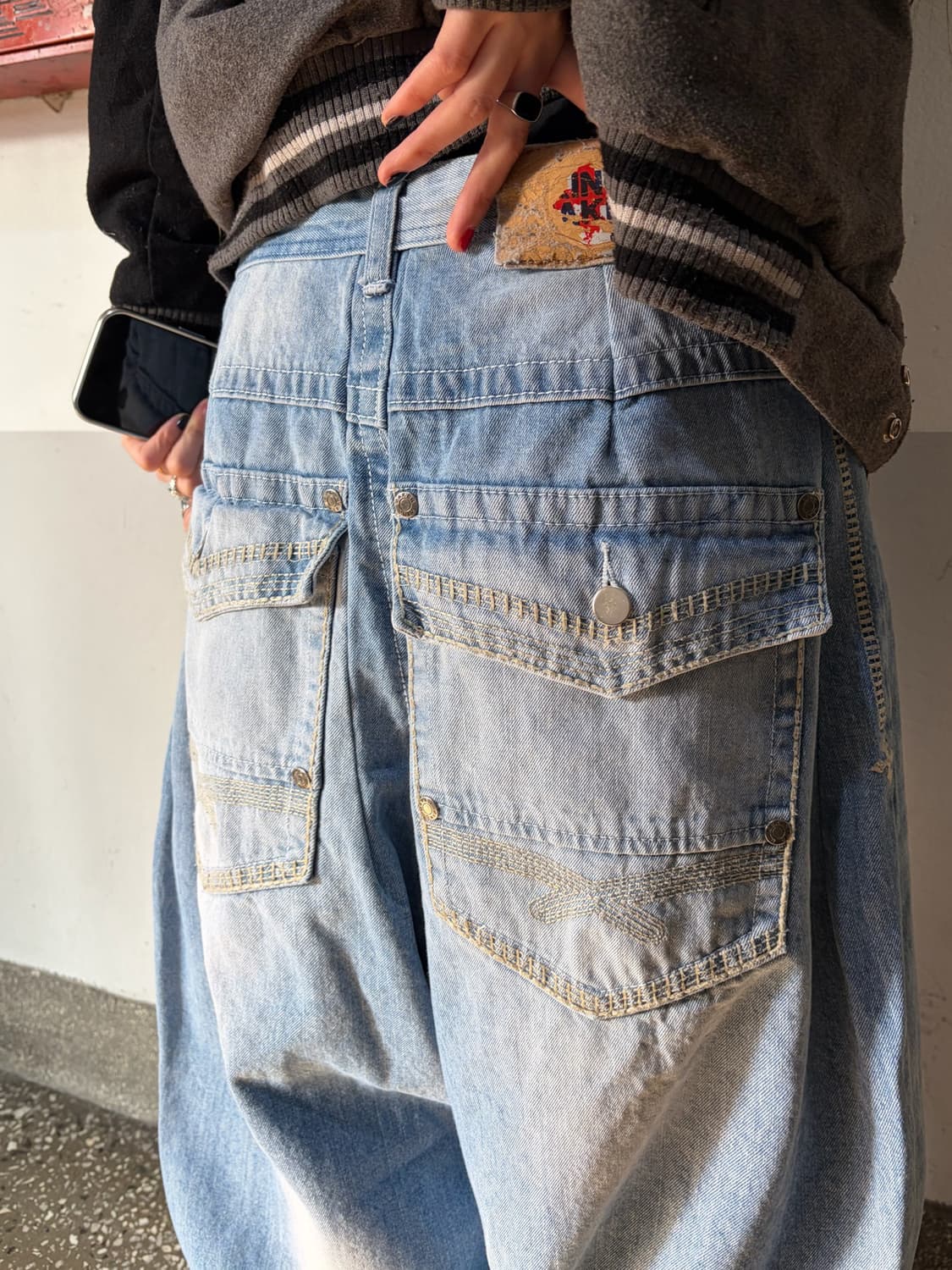 90s 올드스쿨 스크래치 라이트블루 오버 와이드 데님 팬츠 상품이미지5