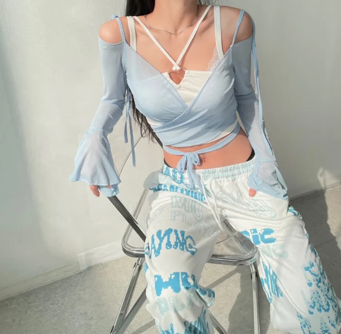 댓츠씩 머메이드 메쉬 롱 슬리브 탑 스카이 블루 상품이미지1