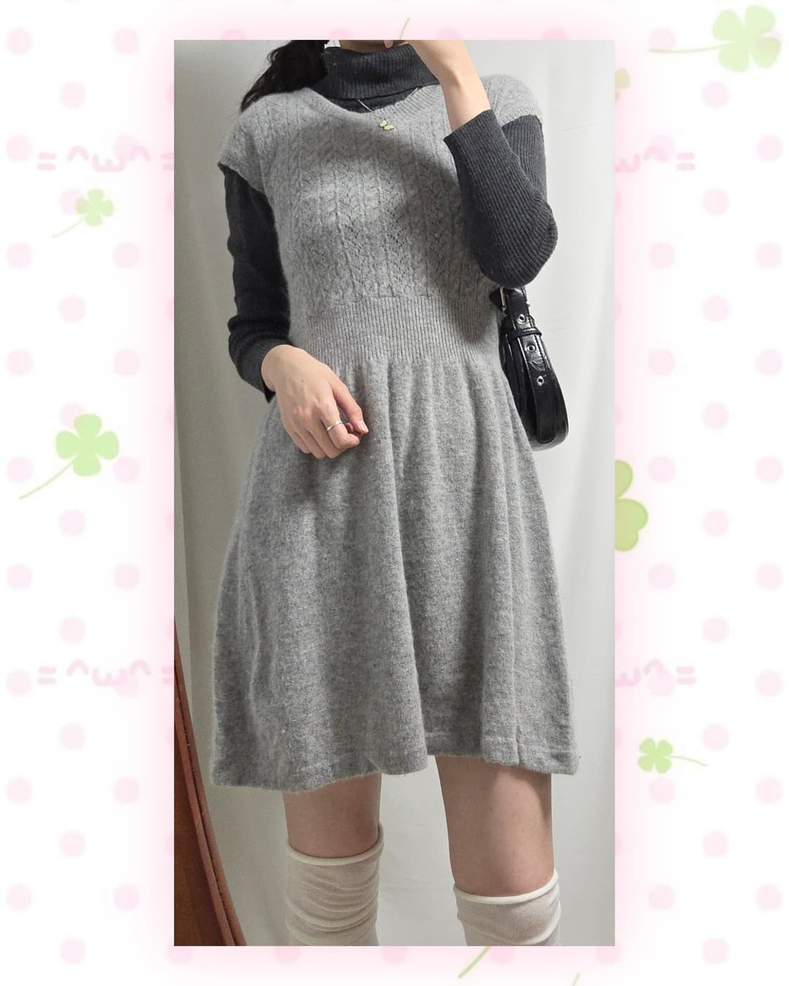 도쿄걸 코디 세트(반팔니트원피스, 차콜 폴라티, 블랙코트, 차콜코트) 상품이미지1