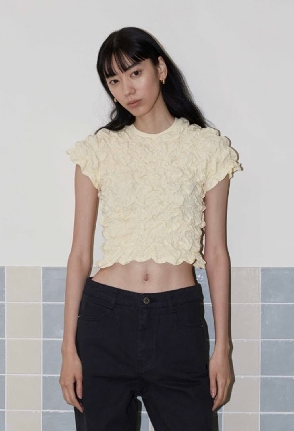 MNGU 엠엔지유 크롭티드 크링클 티셔츠 IN 레몬-크림 상품이미지2