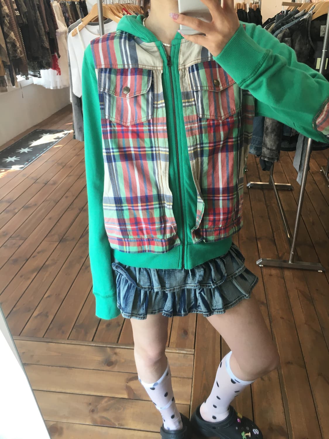 그린 체크 패치 후드집업 상품이미지5