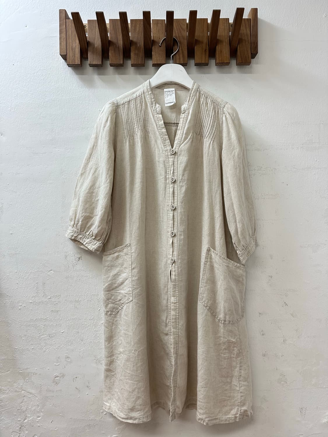 일본빈티지 린넨 100% 내추럴 베이지 밴드카라 핀턱 버튼 원피스 상품이미지1