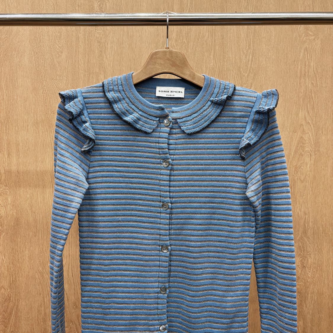 소니아 리키엘 라운드넥 니트 가디건 러플 골드 스트라이프 디테일 블루 상품이미지4