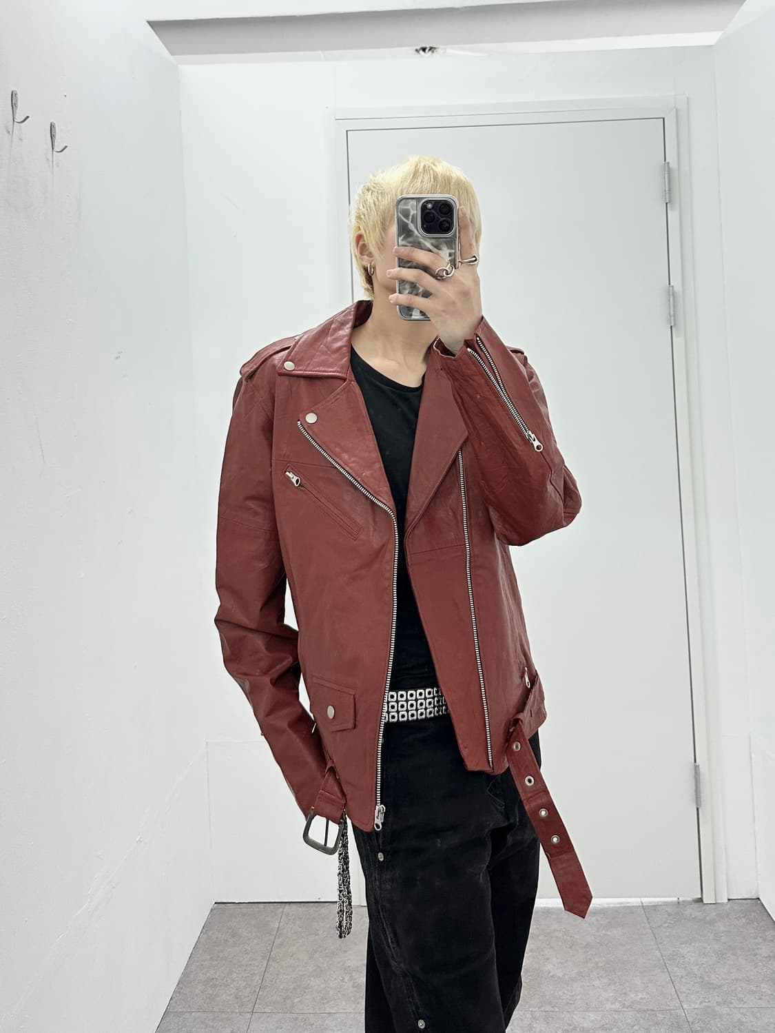 Burgundy genuine sheepskin leather jacke 상품이미지1