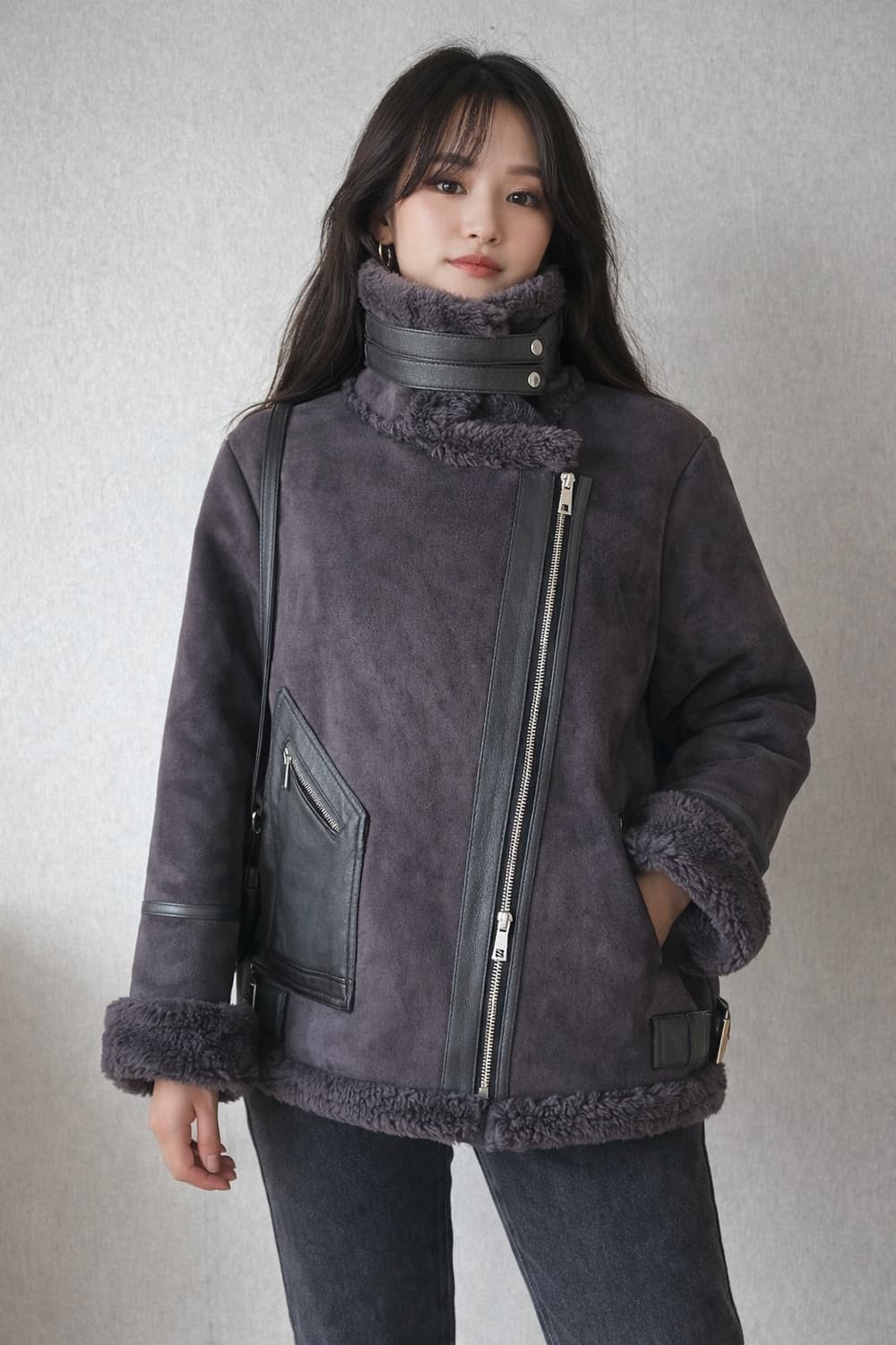 (레어템)퍼플 차콜 무스탕 라이더 자켓 F(55~66) 상품이미지2