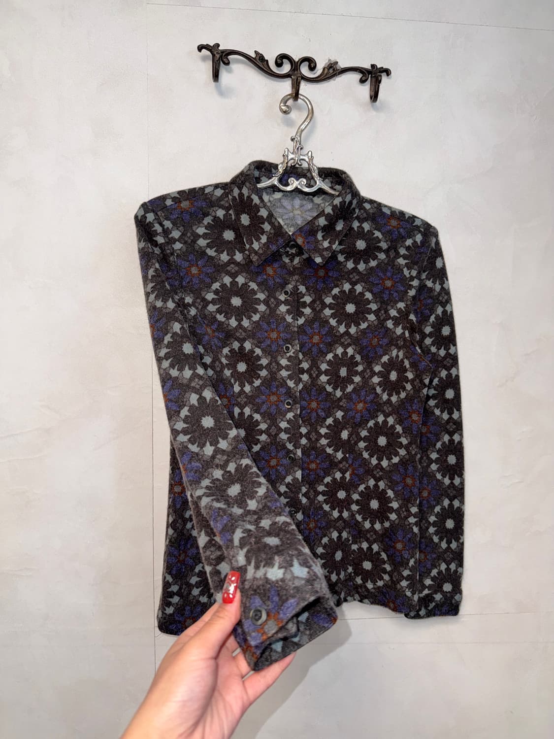 Blue brown flower pattern wool shirt 상품이미지5