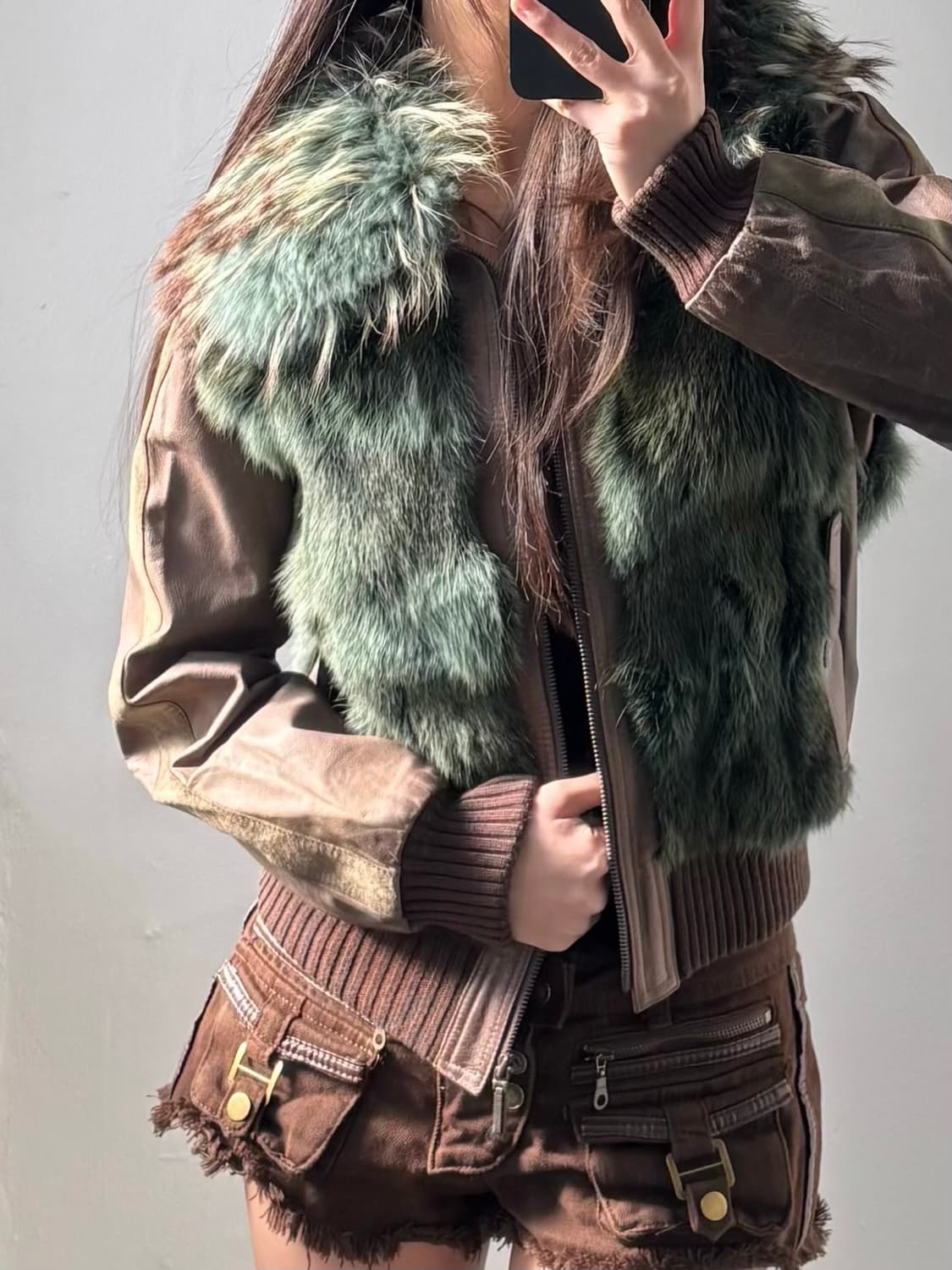 Vintage Brown Green Fur Leather Jacket 상품이미지6