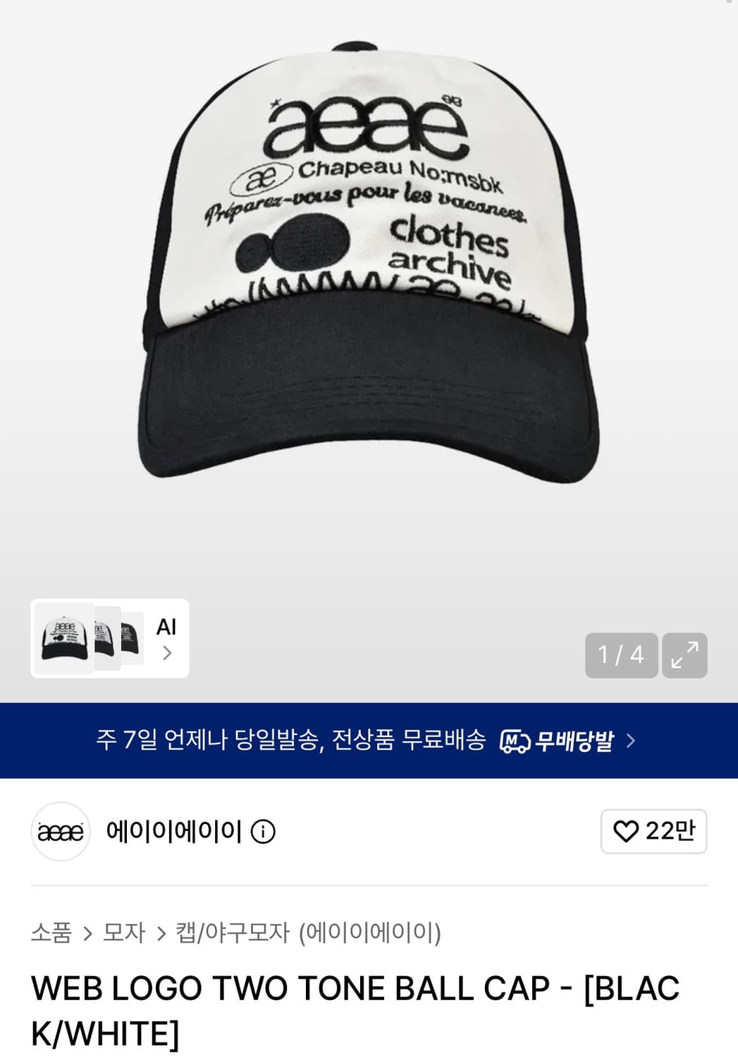 aeae 웹 로고 투톤 볼캡 모자 블랙/화이트 상품이미지2