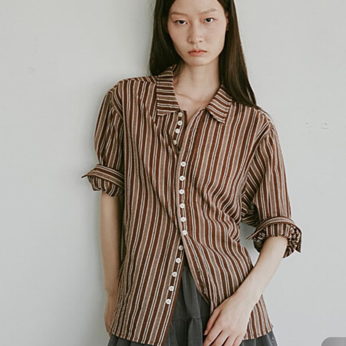 플리즈프로젝트 써머 스트라이프 버튼 셔츠 브라운 상품이미지2