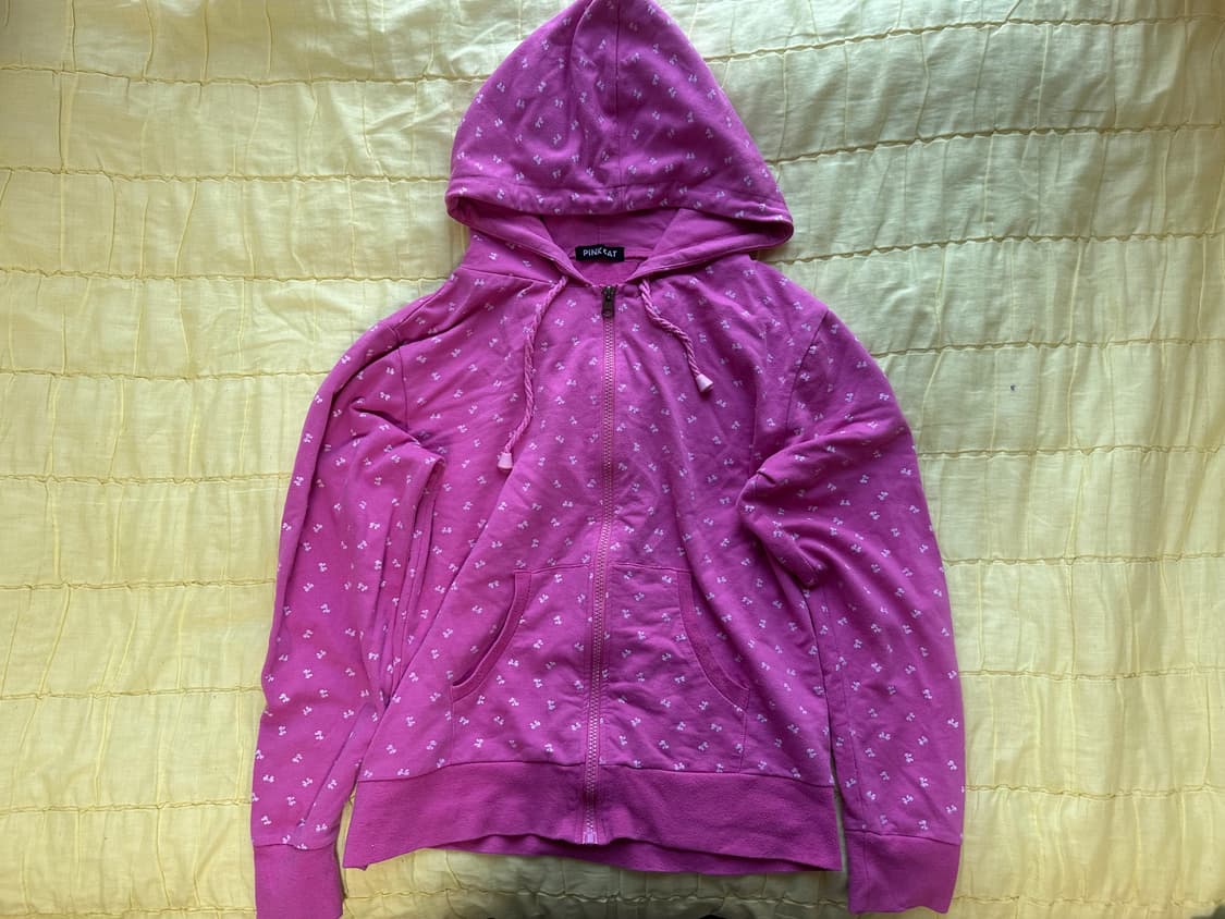 리본 도트 패턴 로프 후드 집업 코튼 큐티 갸루 스타일 상품이미지1