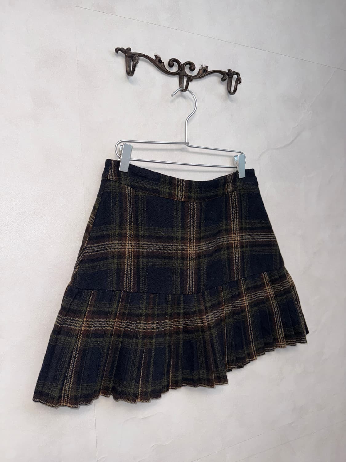 Navy brown wool check pleats mini skirt 상품이미지2