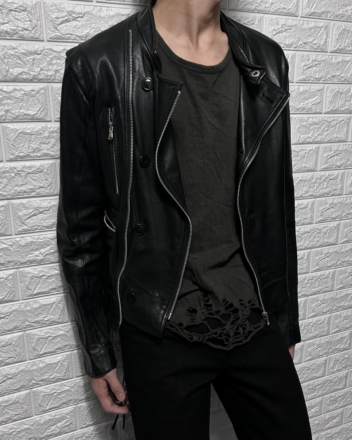 램스킨 더블 판넬 지퍼 레더 자켓 상품이미지2