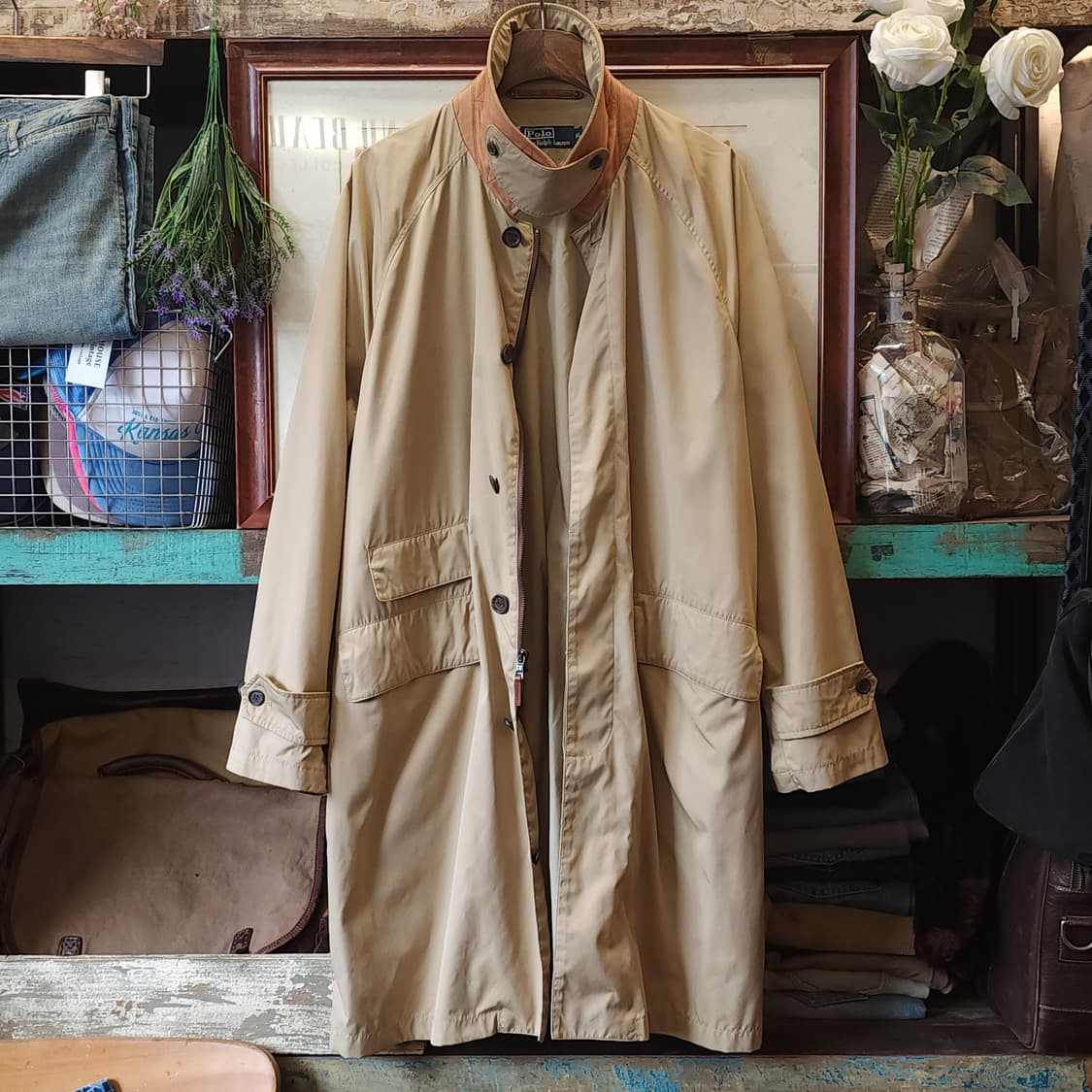 폴로 트렌치코트 베이지 레더 트림 싱글 트렌치 xl 상품이미지2