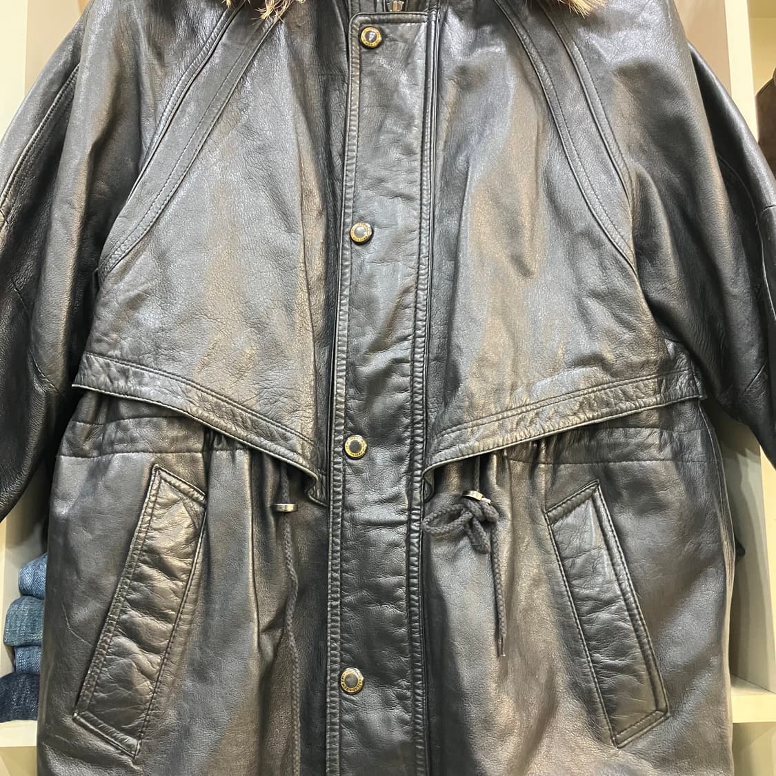 VTG 빈티지 블랙 후드 레더 코트 M 상품이미지5