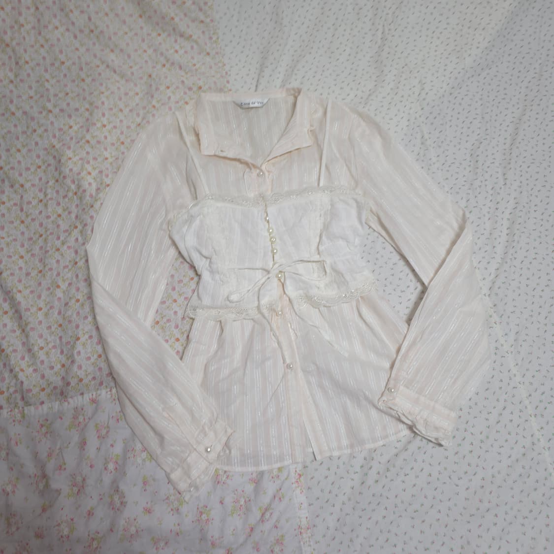 빈티지 핑크 실버 스트라이프 레이스 셔츠 슬립 세트 히메갸루 일브 상품이미지2