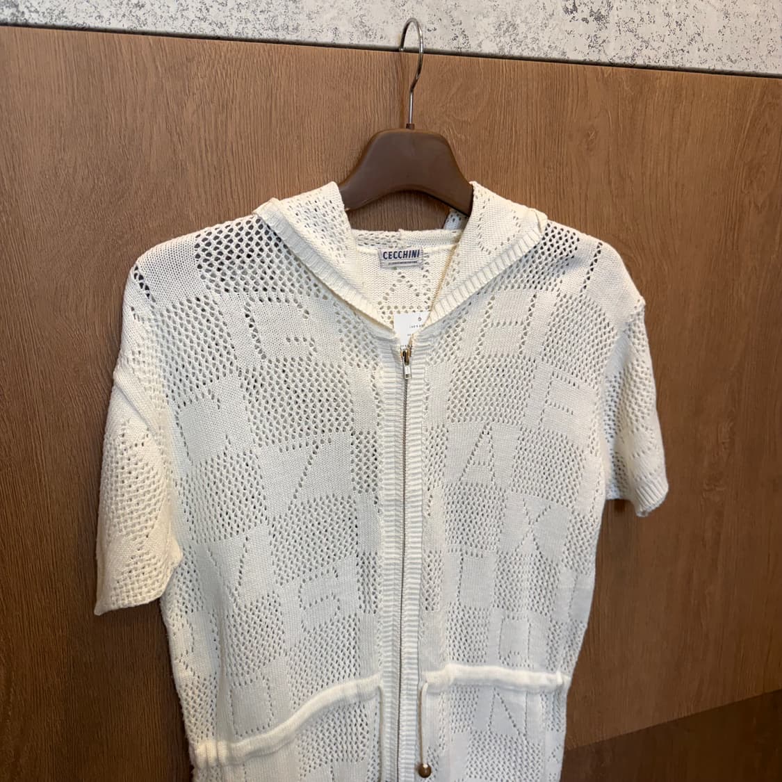 빈티지 반팔 니트 후드 집업 메쉬 레터링 드로우 스트링 디테일 화이트 상품이미지3