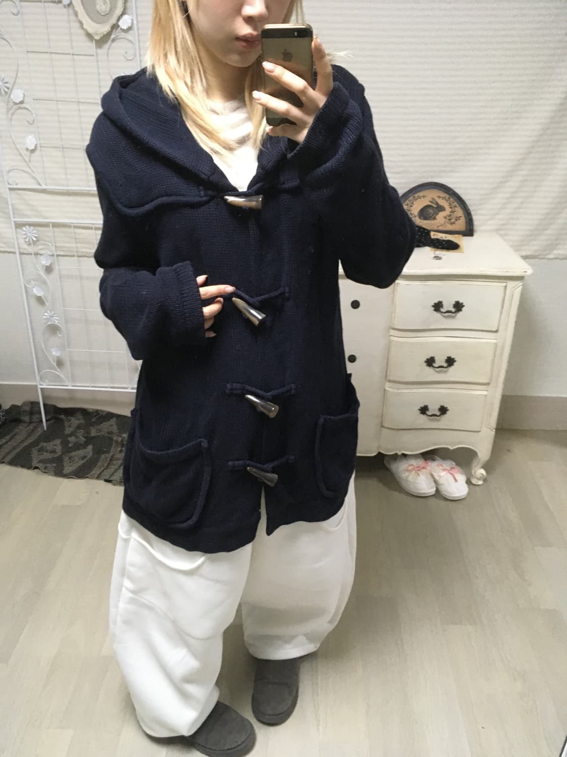 jpn vintage gap 네이비 더플 후드 와플 가디건 상품이미지1