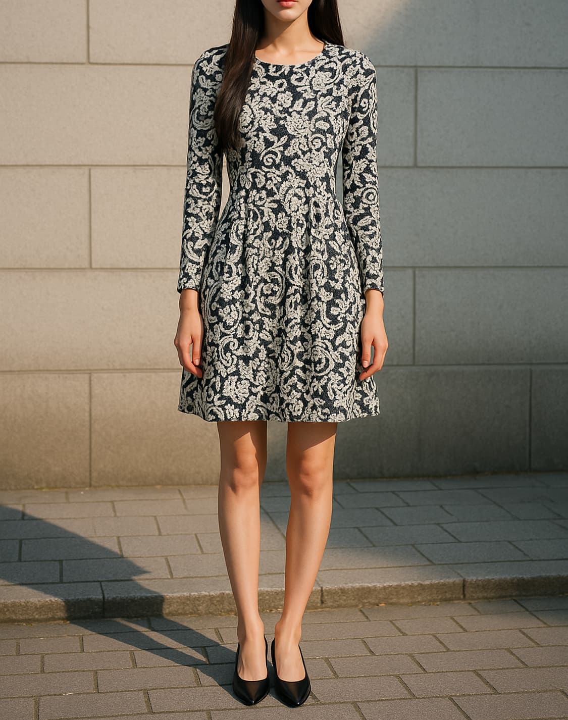 EGOIST 블랙 플라워 패턴 겨울 원피스_55 상품이미지1