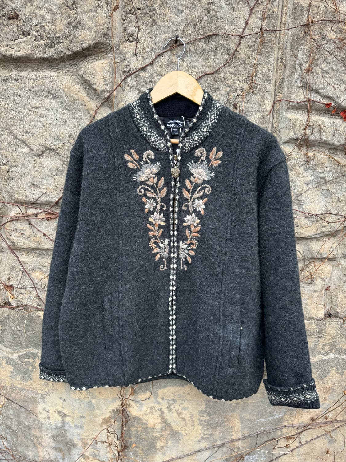 아이슬랜딕 빈티지 니트 자수 패턴 울 자켓 그레이 xl 상품이미지1