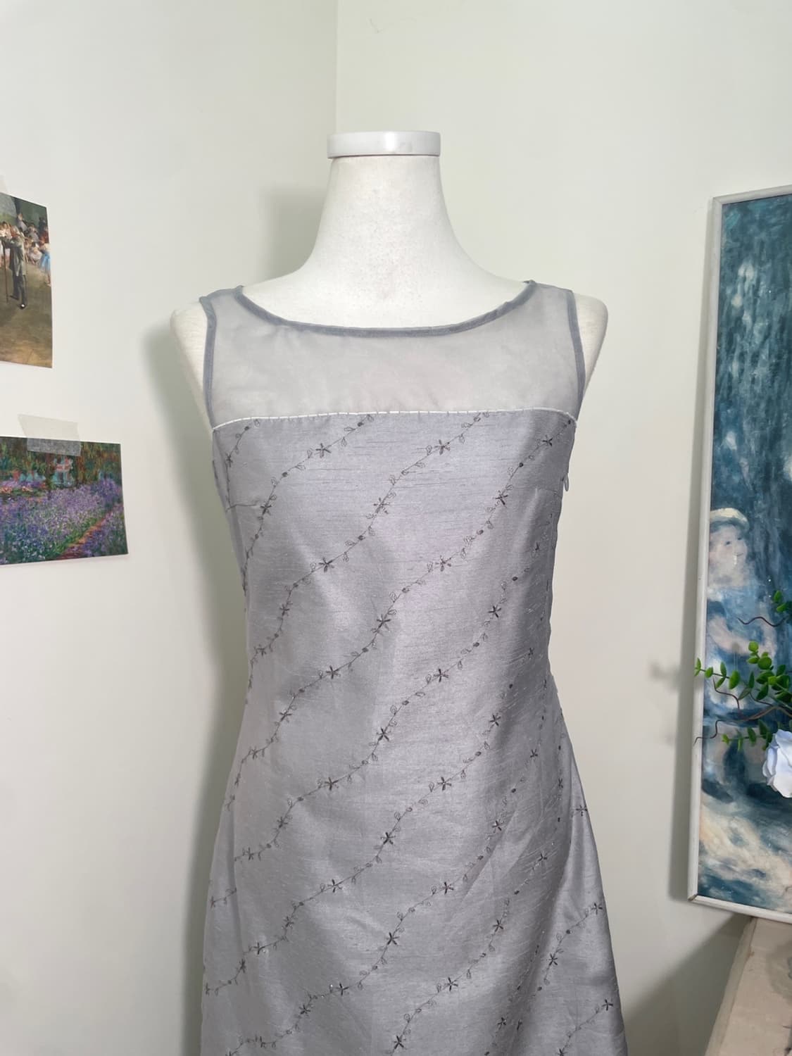 sheer gray flower embroidery midi opc 상품이미지4