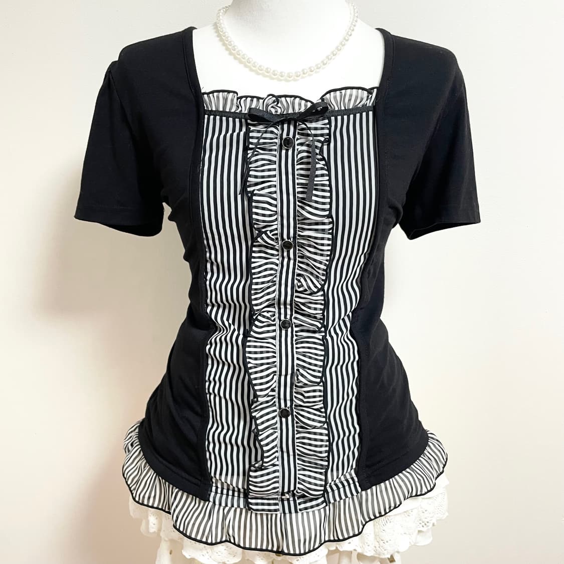 공겜여주깔 일본빈티지 체크리본 로걀탑 딱붙탑 러블리 갸루 고스로리 고딕 상품이미지2