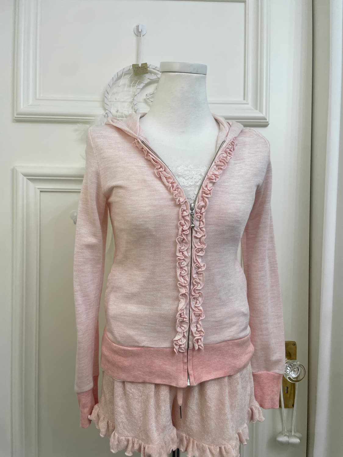 cute pink ruffle hoodie-zip&white lace s 상품이미지4