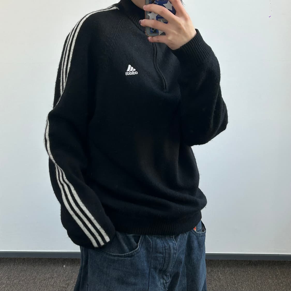 Adidas  아디다스 삼각로고 블랙 니트 반집업  상품이미지2