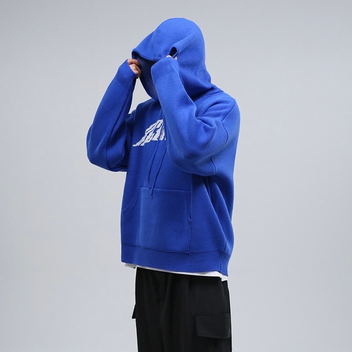 오버핏 프린팅 포인트 니트 후드티 상품이미지3