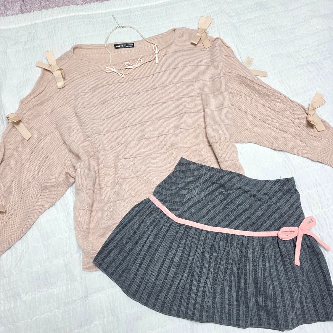 SHEIN)빈티지 핑크리본st 히메갸루 발레코어 가오리핏 긴팔니트 상품이미지5