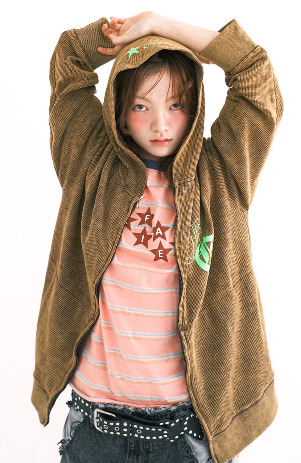 샵페어리 컬러 워싱 와플 집업 브라운 상품이미지1