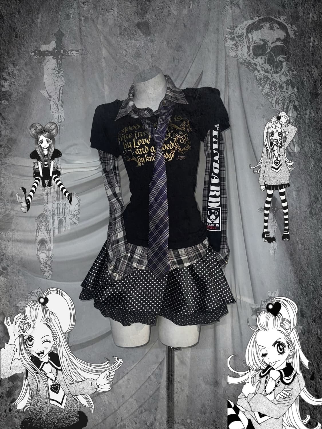 리즈리사 슈슈룬쇼콜라깔 무채색 키치 체크 코디세트 상품이미지1