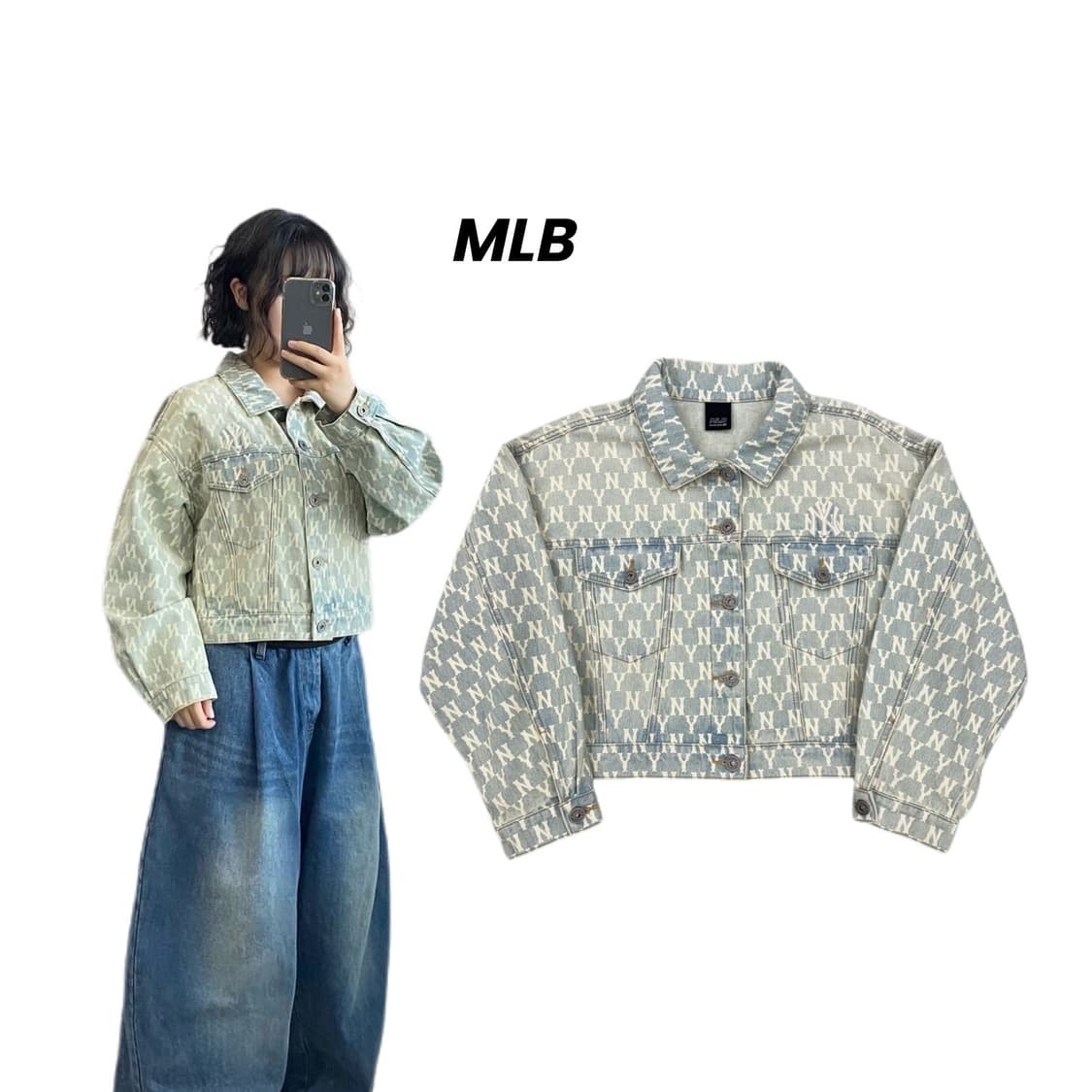 MLB 뉴욕양키스 모노그램 크롭 데님 청자켓 상품이미지1