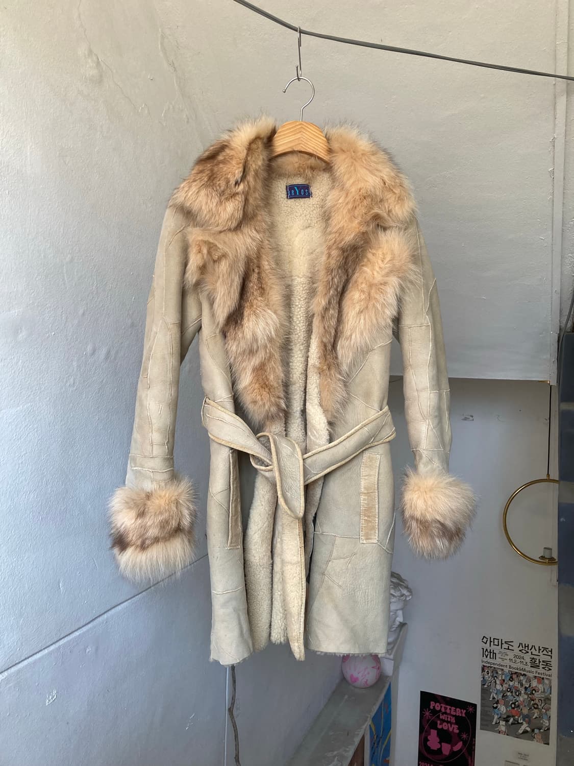 y2k 가죽 패치워크 롱 퍼 코트 상품이미지1